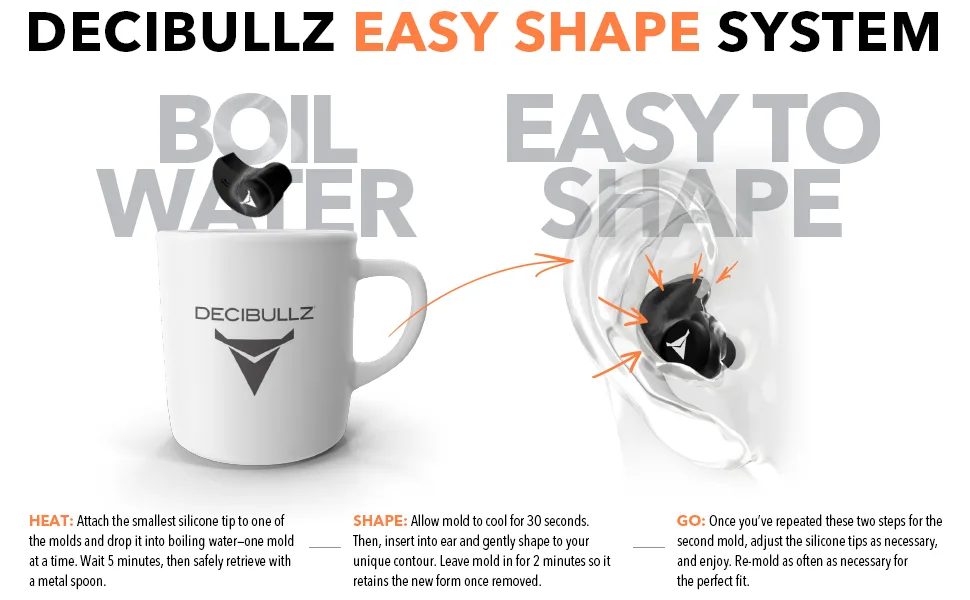 Decibullz 25-Decibel Noise-Reduction Earplugs for Hearing Protection  Custom-Molded Reusable Earplugs for Noise Sensitivity & Flights  Black - Easy Shape System