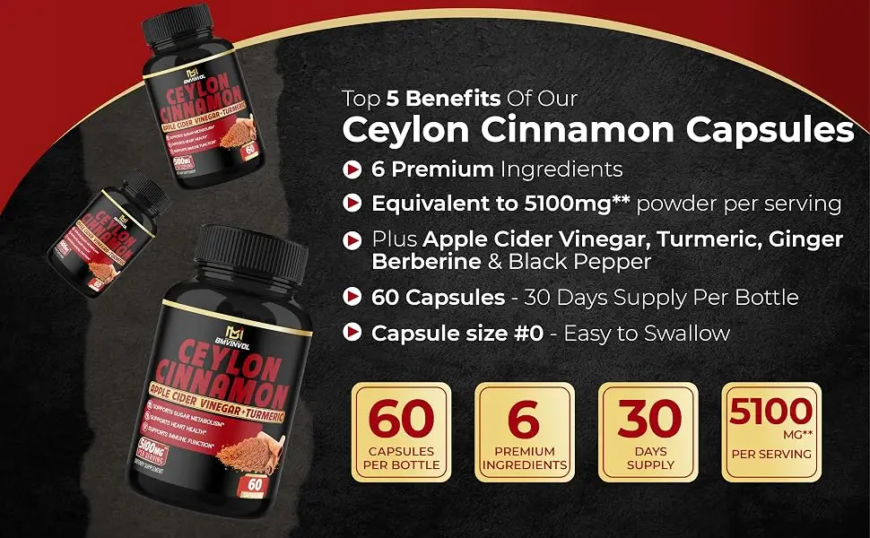 Ceylon Cinnamon Capsules - 5100mg Herbal Supplement - High Potency with Apple Cider Vinegar  Turmeric  Ginseng  Berberine - Antioxidant Support - Ceylon Cinnamon 60Caps Details