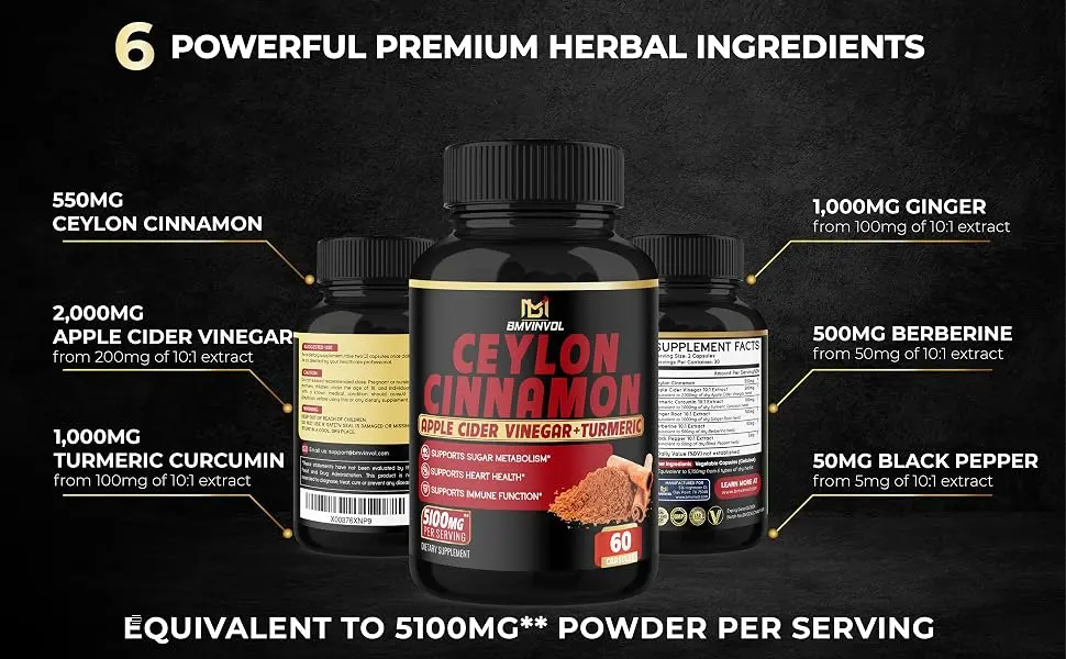 Ceylon Cinnamon Capsules - 5100mg Herbal Supplement - High Potency with Apple Cider Vinegar  Turmeric  Ginseng  Berberine - Antioxidant Support - Ceylon Cinnamon 60Caps Ingredients