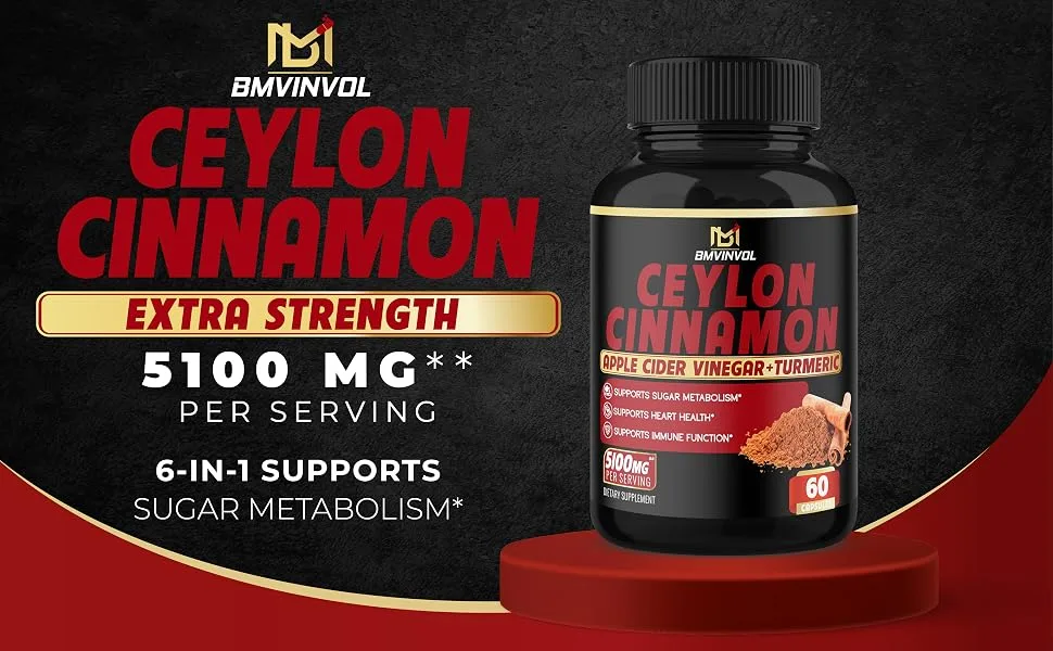 Ceylon Cinnamon Capsules - 5100mg Herbal Supplement - High Potency with Apple Cider Vinegar  Turmeric  Ginseng  Berberine - Antioxidant Support - Ceylon Cinnamon 60Caps Main