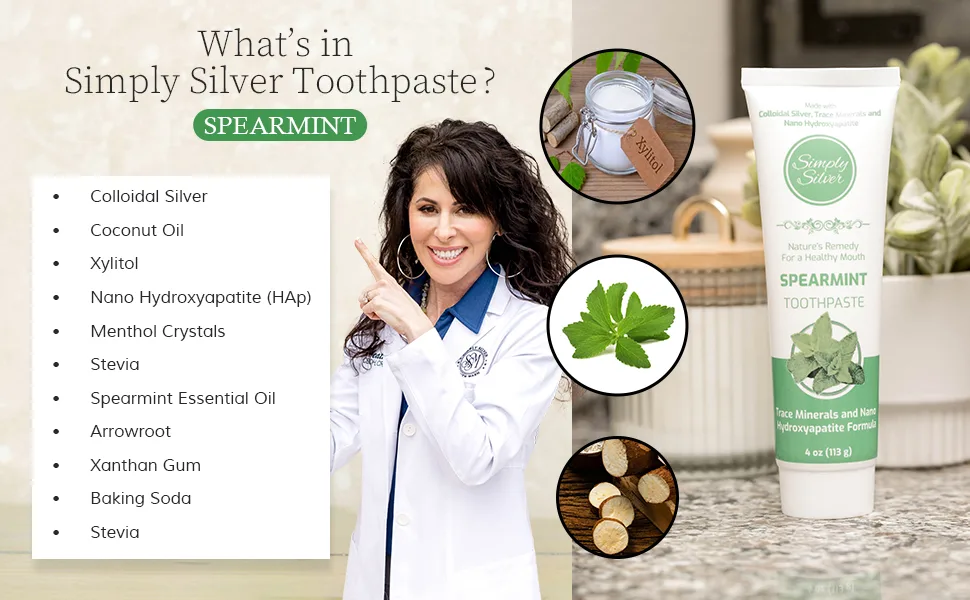 Simply Silver Toothpaste Spearmint - Nano Hydroxyapatite Formula  All Natural Colloidal Silver Toothpaste  Fluoride Free  Sensitive Teeth  Whitening  4 oz - Simply Silver Spearmint Toothpaste