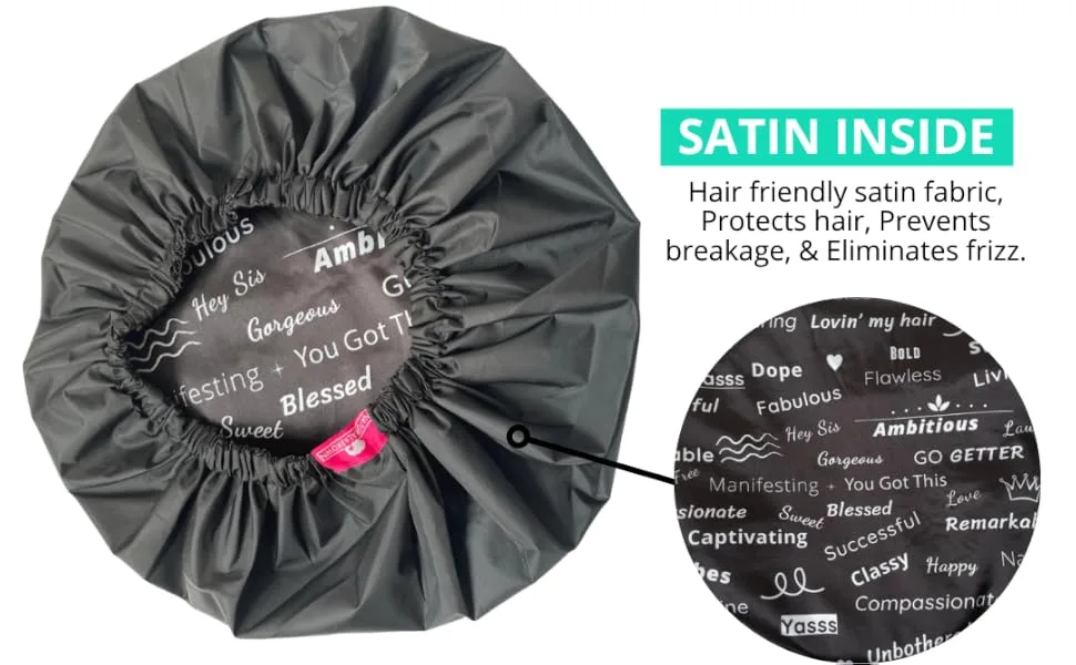 Shower Cap - Extra Large  Black  Satin lined inside  Reversible bonnet  Waterproof outer layer  Adjustable Elastic Strap  Reusable  Washable  Positive Affirmations for Women - Satin Bonnet for shower