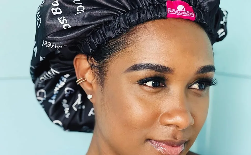Shower Cap - Extra Large  Black  Satin lined inside  Reversible bonnet  Waterproof outer layer  Adjustable Elastic Strap  Reusable  Washable  Positive Affirmations for Women - Shower cap extra large for braids locs jumbo big hair