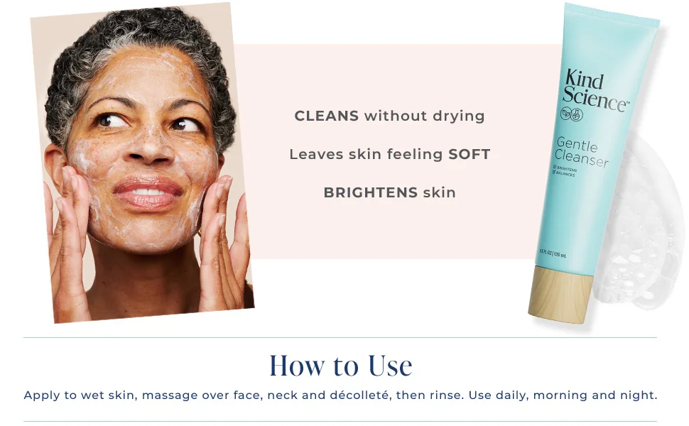 Kind Science Gentle Cleanser | Face Wash & Makeup Remover with Skin Brightening Vitamin C | 4.5 FL OZ / 135 mL - gentle cleanser being applied by kind science customer