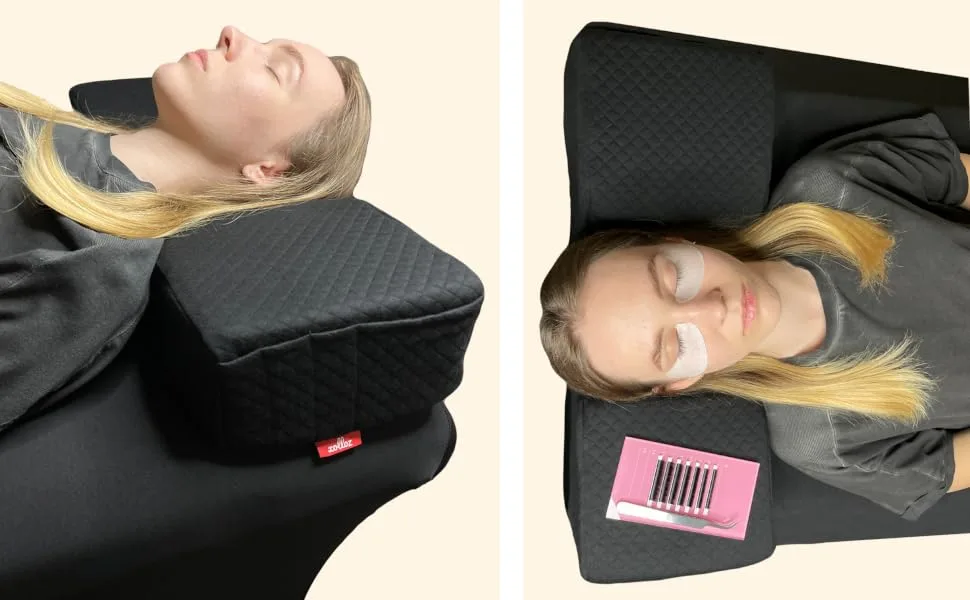 XOLLOZ Pillow For Eyelash Extensions - Curved Memory Foam Lash Bed Pillow With Neck And Back Support  Perfect Pillow For Eyelash Extensions  Two Pockets For Tools On The Sides Of Pillow - Black - bed, extension, extensions, extention, eye, eyelash, eyelashes, for, lash, lashes, lashing, neck