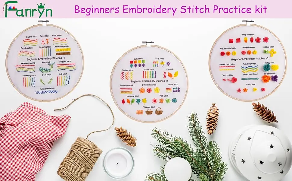 Fanryn Embroidery Kit for Beginners Beginner Embroidery Stitch Practice Kit  3 Sets Embroidery Kit to Learn 35 Different Stitches for Craft Lover Hand Stitch with Embroidery Skill Techniques Kit 10 - Embroidery Kit for Beginners Beginner Embroidery Stitch Practice Kit