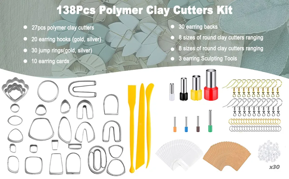 Apiemo 138 Pcs Polymer Clay Cutters Set  Classic Shapes Clay Earring Cutters Molds for Polymer Clay Earring Jewelry Making with Earring Cards Bag  Earring Hooks  Jump Rings M1 - 138 Pcs Polymer Clay Cutters Set