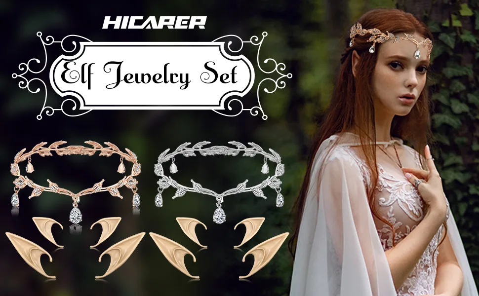 Hicarer Rhinestone Leaf Wedding Tiara Crown Headband Cosplay Fairy Pixie Elf Ears for Brides Pageants Wedding Prom (Gold) - product information 1