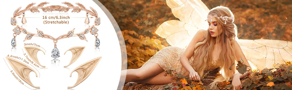 Hicarer Rhinestone Leaf Wedding Tiara Crown Headband Cosplay Fairy Pixie Elf Ears for Brides Pageants Wedding Prom (Gold) - product information 2