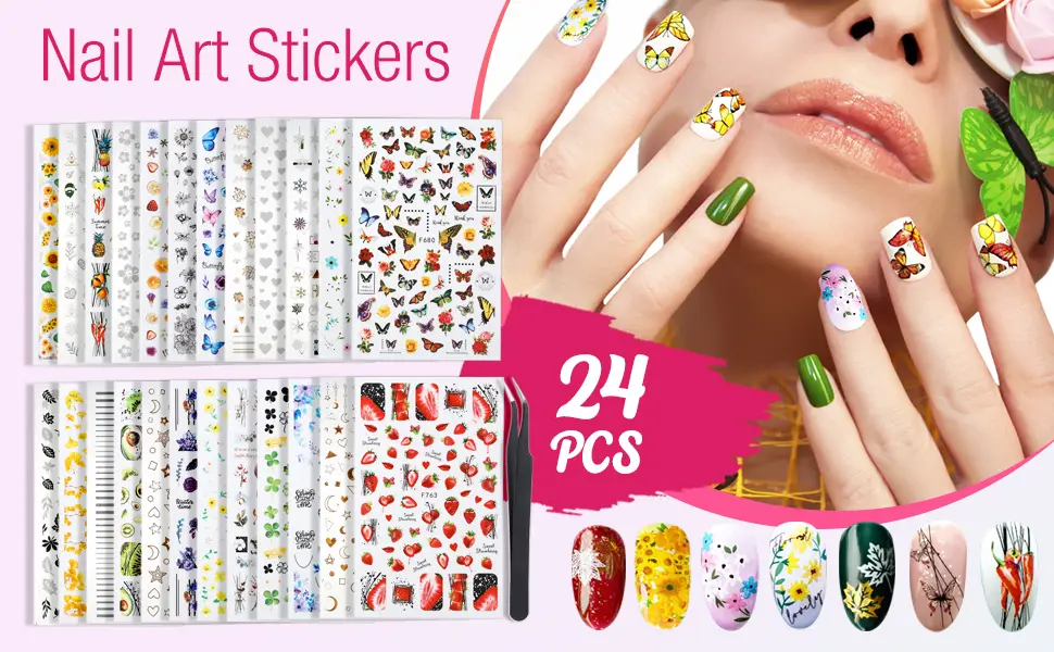 Nail Stickers  24 Stickers for Nails Art  Self Adhesive Nail Art Sticker Decals  Nail Supplies kit Large Sheets - product information 1
