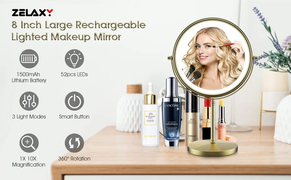 zelaxy 8 Inch Makeup Vanity Mirror with Lights  Rechargeable Double Sided 1X 10X Magnifying Mirror  Lighted Makeup Mirror with 3 Color Lighting  Touch Sensor Dimming  Brightness Adjustable (Bronze) Bronze-2 - product information 7
