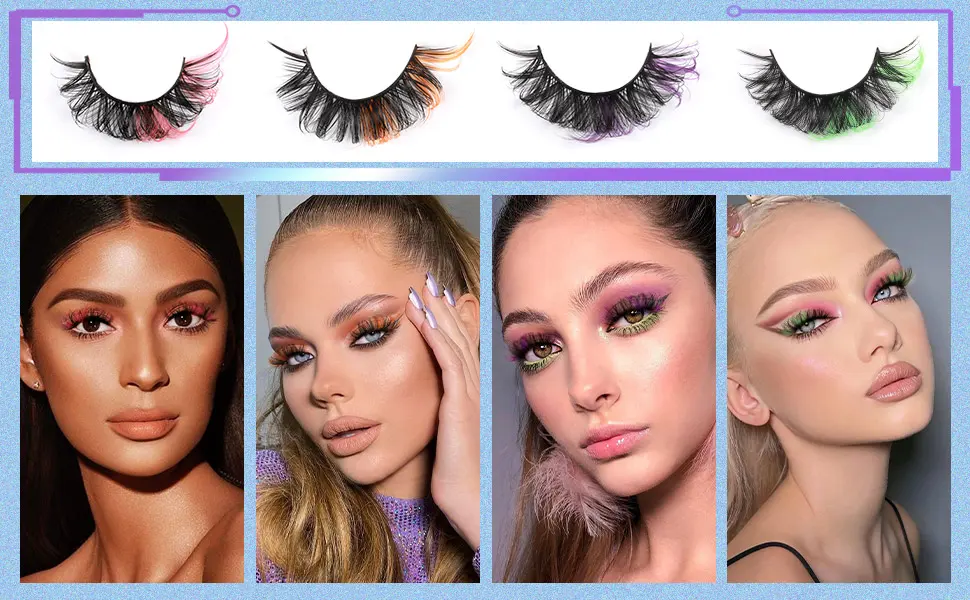 Yawamica Colored Lashes Fluffy Wispy Russian Strip Lashes with Color D Curl False Eyelashes Look like Colored Lash Extensions 8 Pairs (8 Colors) - Dramatic Lashes Model Show 1