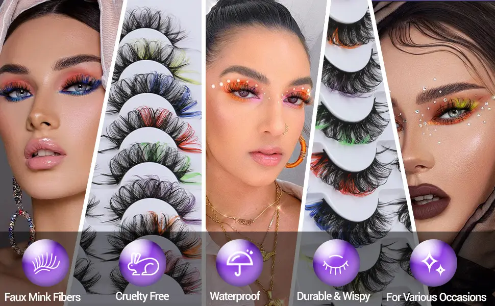 Yawamica Colored Lashes Fluffy Wispy Russian Strip Lashes with Color D Curl False Eyelashes Look like Colored Lash Extensions 8 Pairs (8 Colors) - Wispy durable