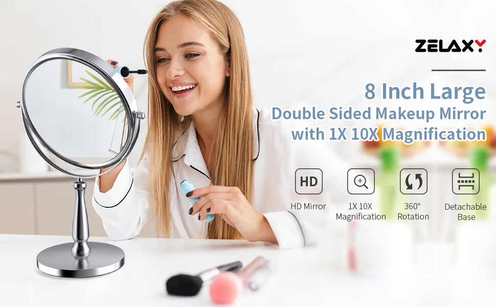 zelaxy 8 Large Makeup Vanity Mirror  Double Sided 1X 10X Magnification Mirror  360 Swivel Round Mirror with Stand and Removable Base  High Definition  Chrome Finish(Silver) Silver-3 - product information 7