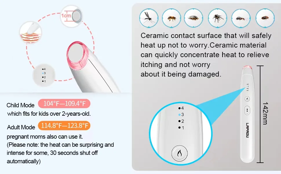 LAPADU Insect Sting and Bite Relief  Electronic Tool for Itch&Swell Relief  FDA-Cleared - Reduce Pain & Itching  Fast Treatment First-Aid After Bite Solution for Entire Family  Kid Friendly - product information 2