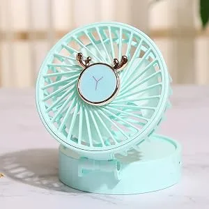 UNAGLAM Compact Pocket Makeup Mirror with LED Light & Fan 3-in-1 Mini Foldable Travel Mirror for Makeup & Cooling USB-Rechargeable (Grass) - blue