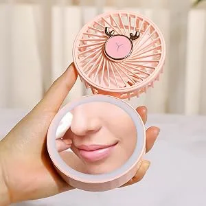UNAGLAM Compact Pocket Makeup Mirror with LED Light & Fan 3-in-1 Mini Foldable Travel Mirror for Makeup & Cooling USB-Rechargeable (Grass) - makeup mirror