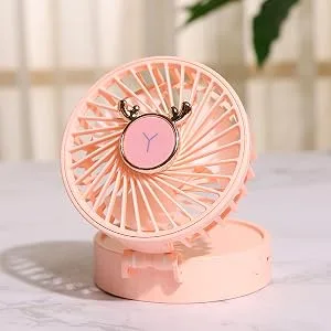 UNAGLAM Compact Pocket Makeup Mirror with LED Light & Fan 3-in-1 Mini Foldable Travel Mirror for Makeup & Cooling USB-Rechargeable (Grass) - Pink