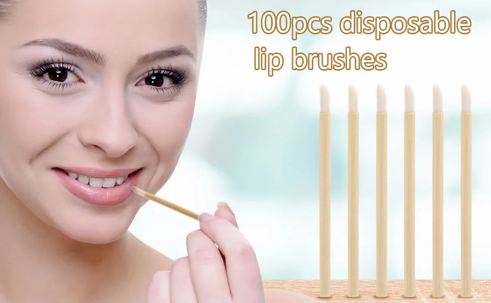 100pcs Disposable Bamboo Handle Lip Brushes Lipstick Lip Gloss Wands Applicator Makeup Tool 100PCS lip brushes - Disposable Bamboo Handle Lip Brushes