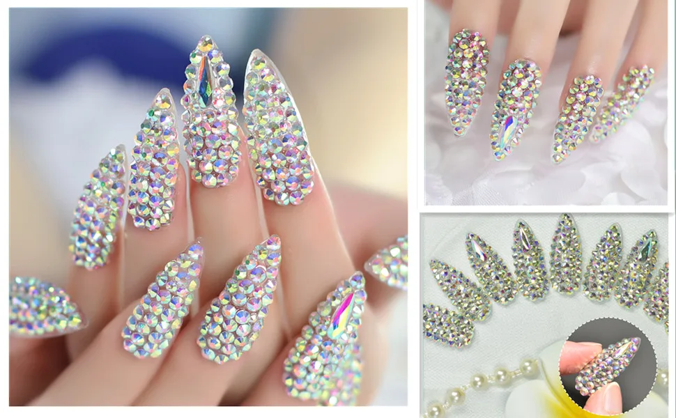 Luxury Full Cover 3D Rhinestone Press on False Nails Super Extra Long Stiletto Fake Nails Manicure Nail Art Tips Set for Wedding Party - L6332 A++