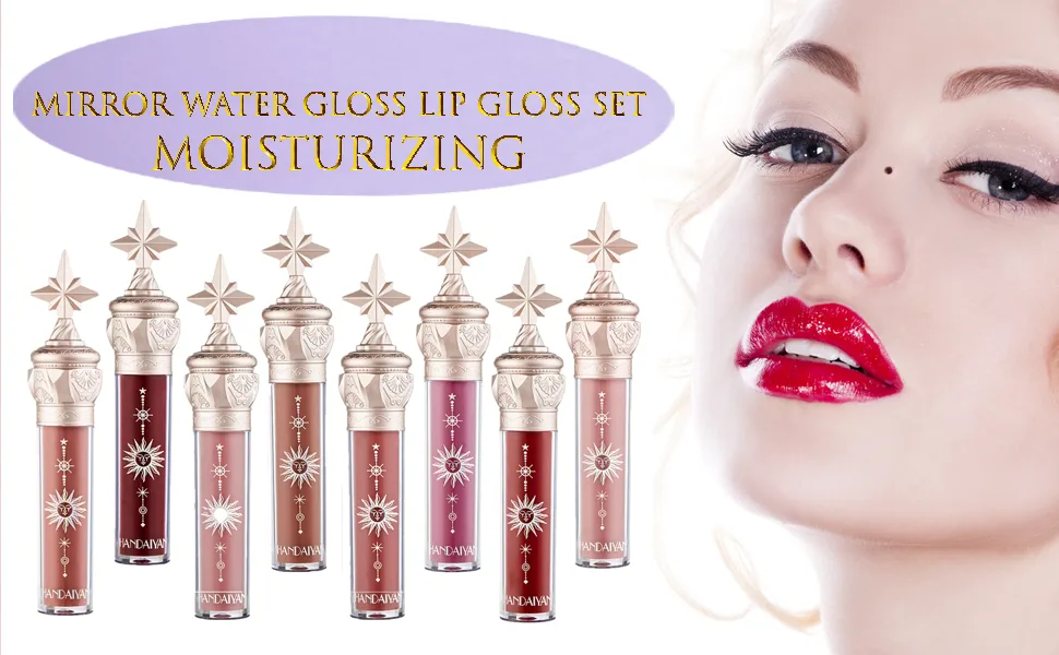 Pakivs 8Pcs Mirror Water Gloss Lip Gloss Set Glass Lip Dense Moisturizing Lip Stain Lip Glaze Lipstick Star Stick Design - Mirror Water Gloss Lip Gloss Set