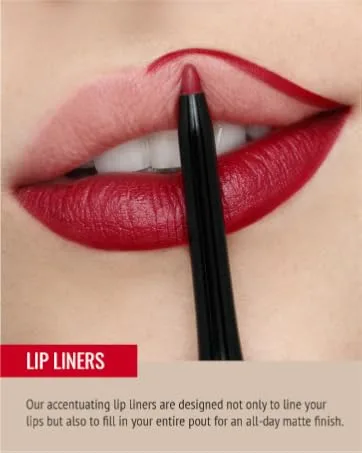 Runway Rogue Designer Liner Lip Pencil  Matte Raspberry Lip Liner and Sharpener  Open Call - A close-up of lips wearing red lip liner. Text reads: