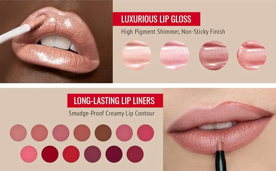 Runway Rogue Designer Liner Lip Pencil  Matte Raspberry Lip Liner and Sharpener  Open Call - Two image compilations of moisturizing lip gloss color shades and lasting lip liner color shades.