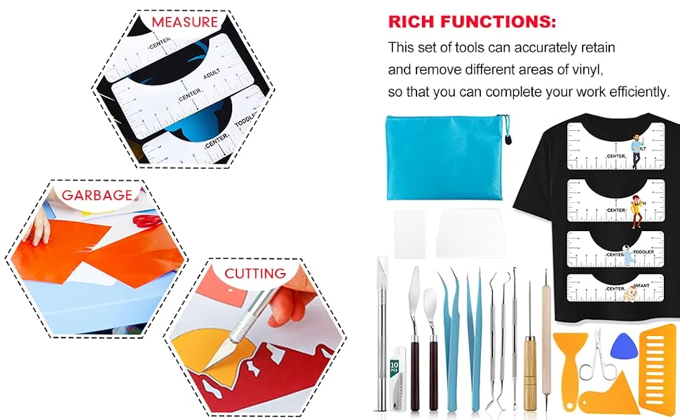 33pcs Vinyl Weeding Tools with T-Shirt Ruler Guide  Craft Tools Set for DIY Heat Transfer Printing  Weeding Vinyl Silhouettes Scrapbooking Lettering  Cutting  Splicing. - 33pcs Vinyl Weeding Tools