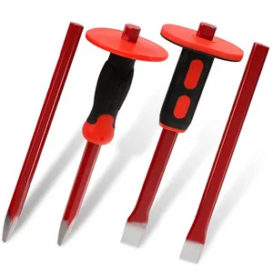 RHBLME 4PCS Masonry Chisel with Hand Protection  12 Inch Heavy Duty Chisel Set - 2 PCS Flat Head Chisel & 2 PCS Pointed Head Chisel - Used for Concrete Stone Demolishing Carving Splitting Breaking - 12 Inch Rock Chisel Set