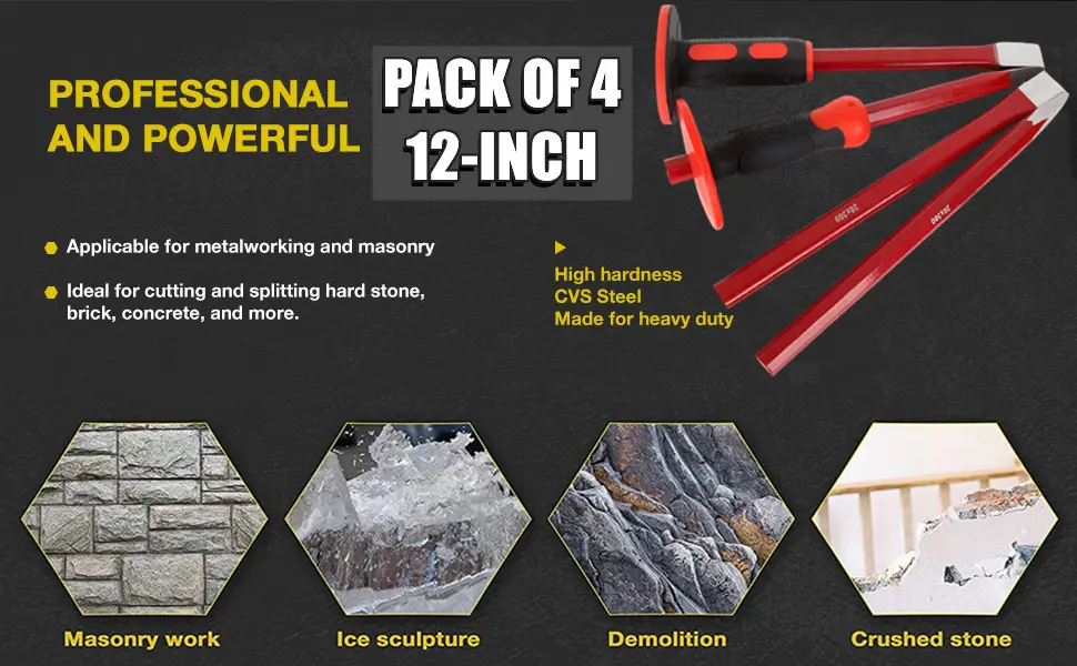 RHBLME 4PCS Masonry Chisel with Hand Protection  12 Inch Heavy Duty Chisel Set - 2 PCS Flat Head Chisel & 2 PCS Pointed Head Chisel - Used for Concrete Stone Demolishing Carving Splitting Breaking - Cold Chisel Kit with Hand Guard