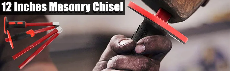 RHBLME 4PCS Masonry Chisel with Hand Protection  12 Inch Heavy Duty Chisel Set - 2 PCS Flat Head Chisel & 2 PCS Pointed Head Chisel - Used for Concrete Stone Demolishing Carving Splitting Breaking - Masonry Chisel