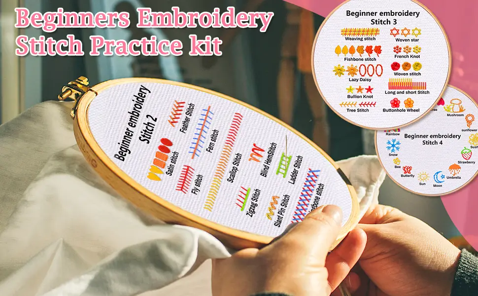 4 Sets Beginners Embroidery Stitch Practice kit  Embroidery Starter kit for Craft Lover with 30 Different Stitches Embroidery Skill Practice Kit Include 4 Embroidery Cloth with Pattern Embroidery Hoop - Beginners Embroidery Stitch Practice kit