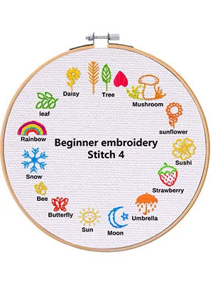 4 Sets Beginners Embroidery Stitch Practice kit  Embroidery Starter kit for Craft Lover with 30 Different Stitches Embroidery Skill Practice Kit Include 4 Embroidery Cloth with Pattern Embroidery Hoop - Beginners Embroidery Stitch Practice kit