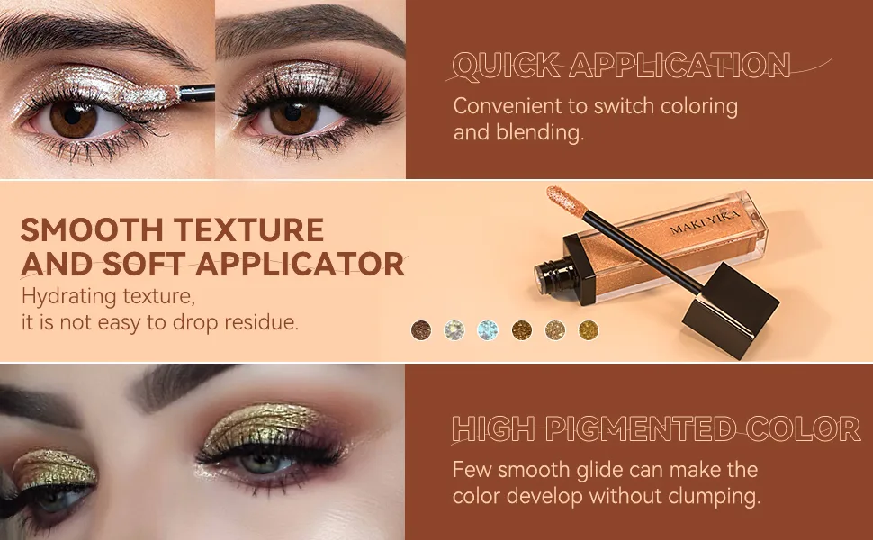 MAKI YIKA Liquid Glitter Eyeshadow  Metallic Eye Shadow High Pigment  Glitter Eyeshadow Quick Dry  Shimmer Eye Makeup for Party Office Daily Use (COCO 3) 3 COCO - glitter liquid eyeshadow