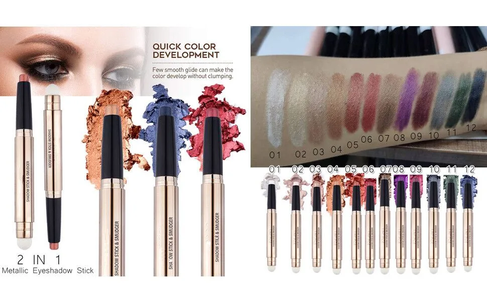 Eyeshadow stick and Sponge Makeup Brush  Smooth Cream Shimmer Shadow Pencil Long Lasting Waterproof Eye Shadow Highlighter Stick Makeup Hypoallergenic Highlighter Multi-Dimensional eyes Look samd shimme  02 - 2 in 1 Metallic Eyeshadow Stick
