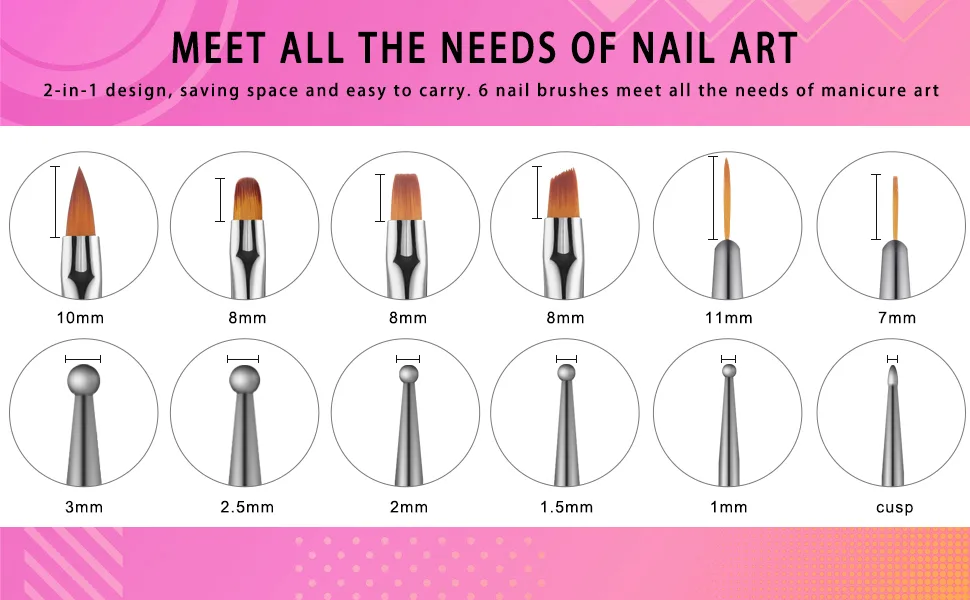 TEOYALL Nail Art Brushes  6 PCS Double Ended Nail Design Tools with Builder Gel Painting Brushes  Nail Liner Brushes  6 Size Dotting Pens - fine liner brushes