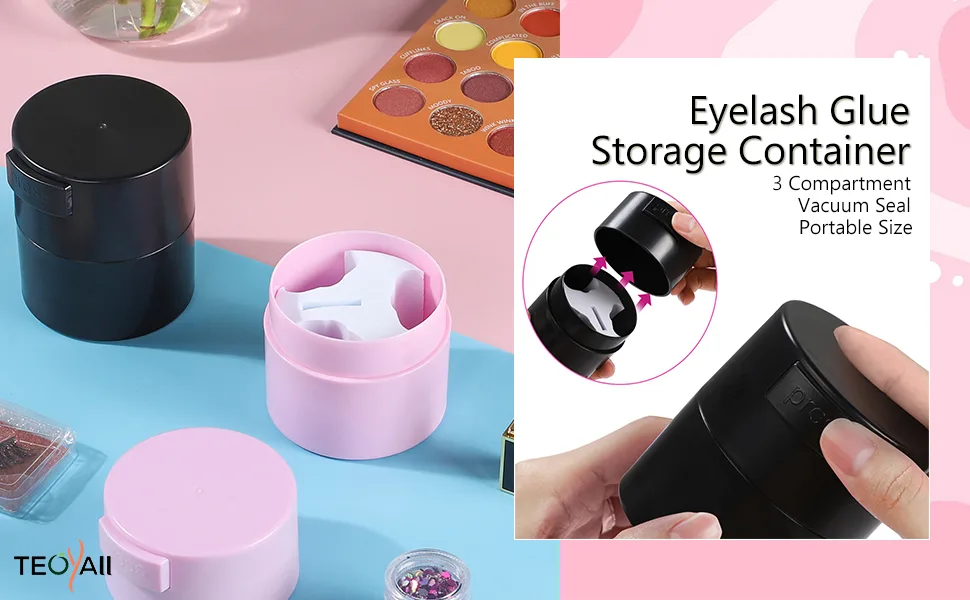 TEOYALL Eyelash Glue Storage Container  3 Compartment Lash Adhesive Organizer Tank Lash Extension Glue Sealed Jar Stand Eyelash Extension Supply (Black) - eyelash glue storage