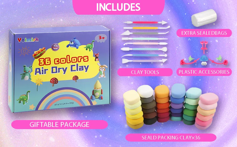 Yoimisk Air Dry Clay Kits - 36 Colors Ultra Light Magic Modeling Clay  Safe & Non-Toxic  Great Gift for Kids - Foam clay starter kit includes