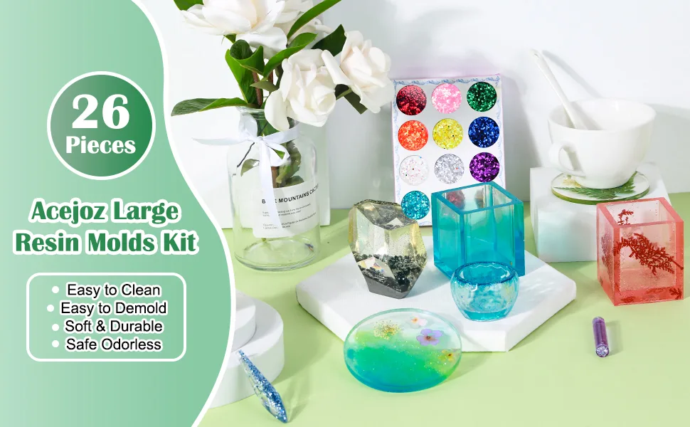 Silicone Resin Molds Kit 26PCS  Epoxy Molds  Large Casting with 12 Glitter Sequins for UV Casting  Including Sphere  Cube  Pyramid  Square  Coaster  Stone & Pendants - Silicone Resin Molds Kit