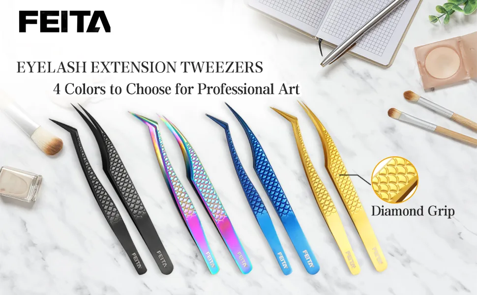 FEITA Diamond Grip Eyelash Extensions Tweezer Lash Precision Tweezers  Japanese Steel Dolphin-shaped & Angled Tip  False Lashes Application Tools  Blue 2Pcs Dolphin-shaped & Angled Tip Blue - eyelash extensions tweezers