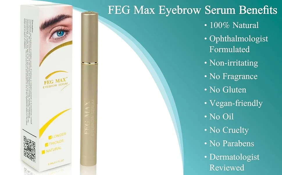 FEG Max Eyebrow Enhancer Growth Treatment Serum | Eyebrow Enhancing Serum to Help Lengthen and Thicken Eyebrows | Non-irritating Brow Serum | 6ml - 100% natural non-irritating no fragrance gluten vegan-friendly no oil parabens dermatologist