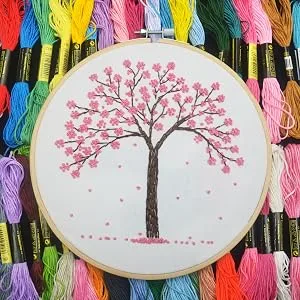ONESHAW Embroidery Kit 141 Pcs 100 Colors Threads 6 Pcs Embroidery Hoops 2 Pcs Aida Cloth 9 Sewing Pins Cross Stitch Tools and Embroidery Starter Kit for Adults and Kids Beginners 141pcs embroidery kits - cherry tree