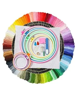 ONESHAW Embroidery Kit 141 Pcs 100 Colors Threads 6 Pcs Embroidery Hoops 2 Pcs Aida Cloth 9 Sewing Pins Cross Stitch Tools and Embroidery Starter Kit for Adults and Kids Beginners 141pcs embroidery kits - Embroidery Kit