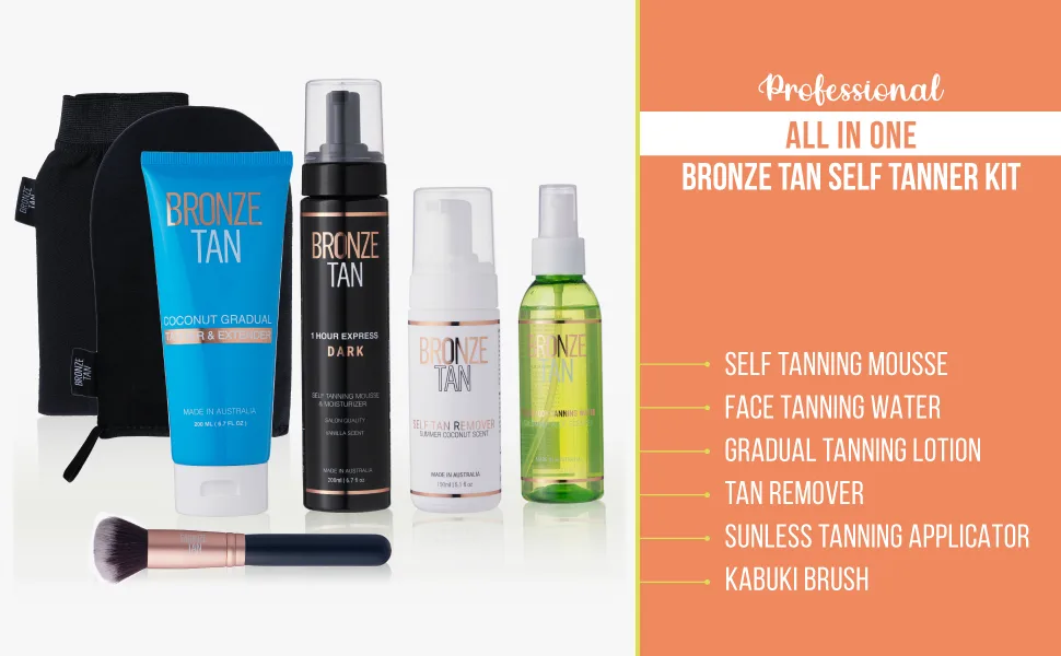 Bronze Tan Self Tanner Kit EVERYTHING Combo includes: Self Tanning Mousse  Face Tanning Water  Gradual Tanning Lotion  Tan Remover and All Sunless Tanning Applicator Accessories - Self Tanning Mousse, Face Tanning Water, Gradual Tanning Lotion, Professional Tan Remover