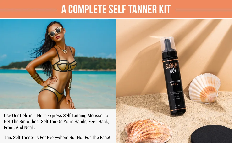 Bronze Tan Self Tanner Kit EVERYTHING Combo includes: Self Tanning Mousse  Face Tanning Water  Gradual Tanning Lotion  Tan Remover and All Sunless Tanning Applicator Accessories - Self Tanning Mousse, Face Tanning Water, Gradual Tanning Lotion, Professional Tan Remover