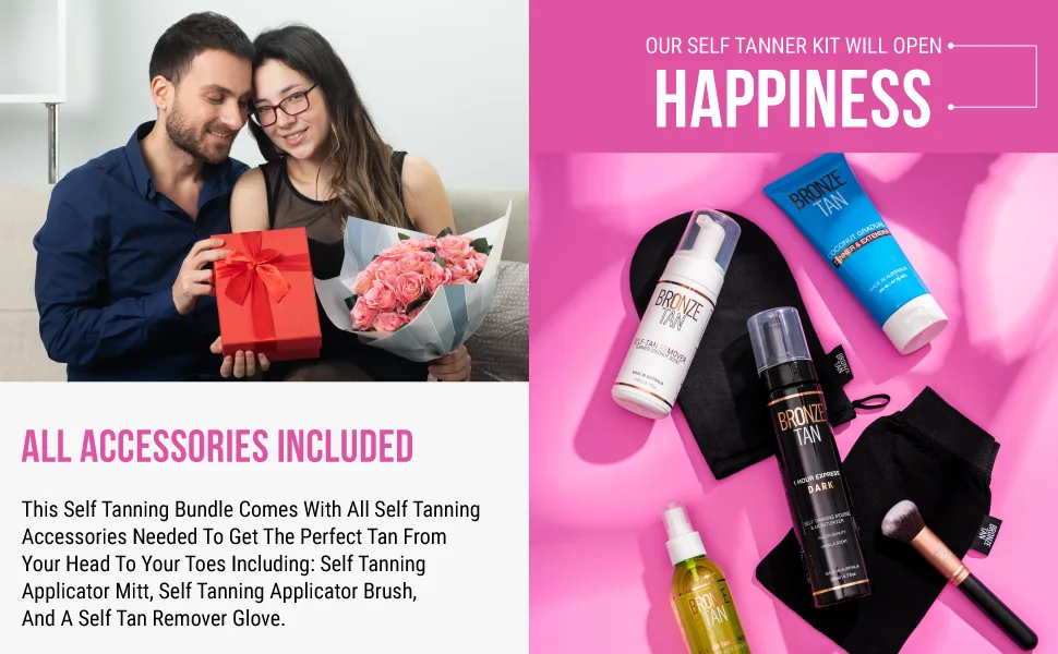 Bronze Tan Self Tanner Kit EVERYTHING Combo includes: Self Tanning Mousse  Face Tanning Water  Gradual Tanning Lotion  Tan Remover and All Sunless Tanning Applicator Accessories - Self Tanning Mousse, Face Tanning Water, Gradual Tanning Lotion, Professional Tan Remover