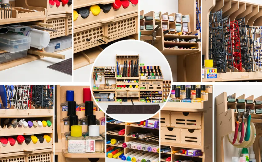 Bucasso Wooden Model Kit Tool Organizer Rack  Model Making Tool Storage Box with MDF Material  Wooden Paint Rack  Screwdriver/Brush/Tool Holder  Suitable for Tamiya Paints and Model Tools  GK1 - paint rack