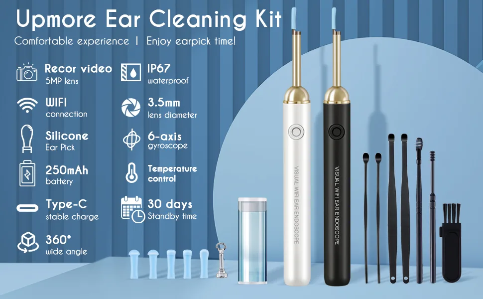 Upmore Ear Wax Removal Tool  Ear Cleaner with Camera 500W Pixel HD  Ear Camera Otoscope with 6 LED Light  Ear Wax Removal kit for iOS Android. White - ear wax removal