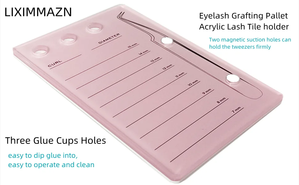 Eyelash Grafting Pallet  Acrylic Lash Tile holder  7-15mm Scale Glue Cups Eyelash Extensions Storage Gasket Pads with Suction for Tweezers (Pink) - Acrylic Eyelash Extension Pallet pink