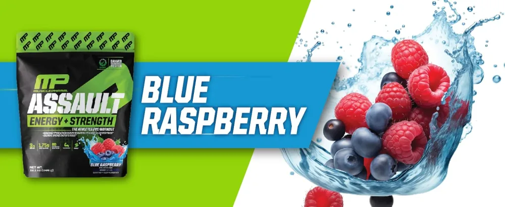 Muscle Pharm ASSAULT - Blue Raspberry - 30 Servings - MusclePharm preworkout beta alanine powder blue raspberry great tasting preworkout drinks